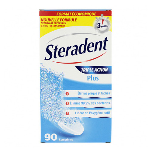 Steradent Triple Action Plus 90 Comprimés - Nettoyage Profond