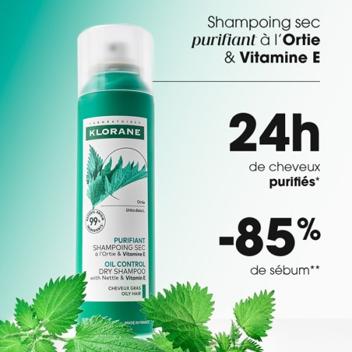 Shampoing sec Klorane Ortie+Vit E - Nettoyage express cheveux gras