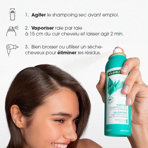 Shampoing sec Klorane Ortie+Vit E - Nettoyage express cheveux gras