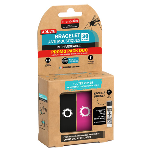 Bracelet MANOUKA Anti-Moustiques Duo Noir Fushia - 6h Efficacité