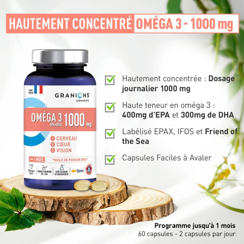 Granions Oméga 3 1000mg : 60 caps - Soutien cœur & cerveau