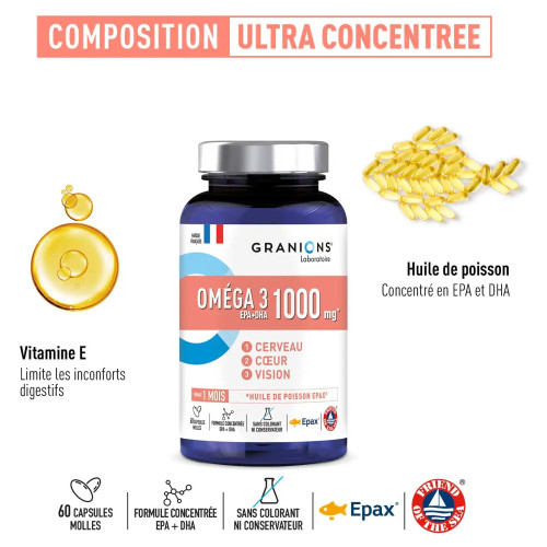 Granions Oméga 3 1000mg : 60 caps - Soutien cœur & cerveau