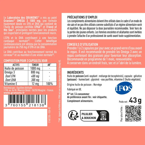 Granions Oméga 3 1000mg : 60 caps - Soutien cœur & cerveau