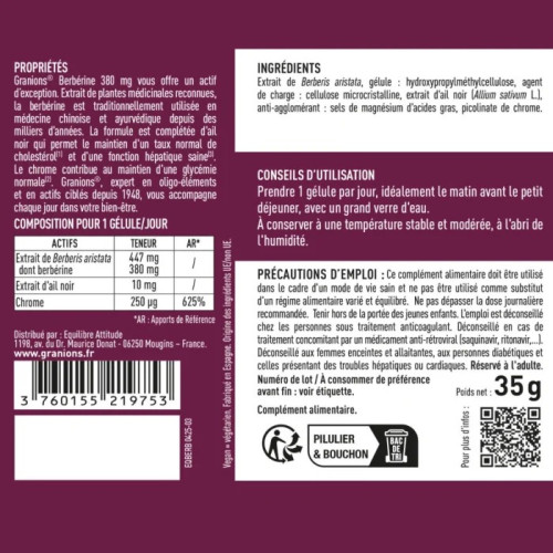 Berbérine Granions 380 mg : Équilibre glycémie & cholestérol