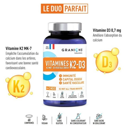 Granions K2-D3 : Soutien Osseux & Immunité - 2000 UI D3 - 60 Comprimés