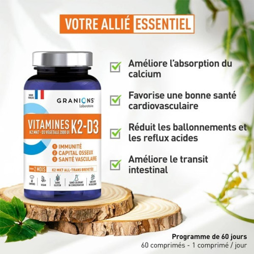 Granions K2-D3 : Soutien Osseux & Immunité - 2000 UI D3 - 60 Comprimés