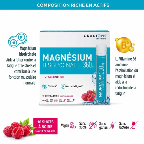 Granions Magnésium Bisglycinate 360 10 shots Réduit fatigue et stress