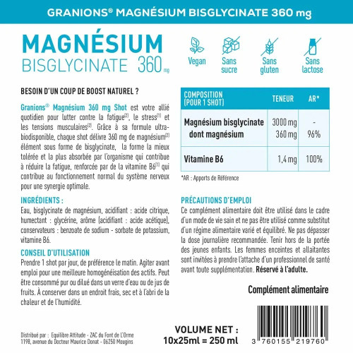 Granions Magnésium Bisglycinate 360 10 shots Réduit fatigue et stress