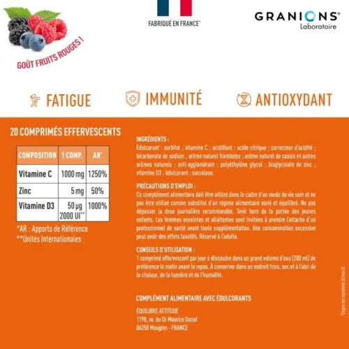 Granions Vitamine C1000 + D3 + Zinc : Soutien immunité & énergie