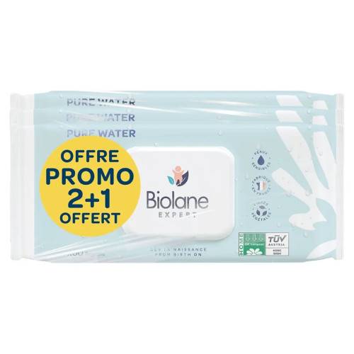 Lingettes Biolane Pure Water : Nettoyage bébé 99,9% eau - 3x60