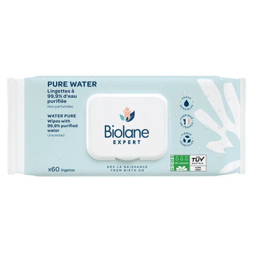 Lingettes Biolane Pure Water : Nettoyage bébé 99,9% eau - 3x60