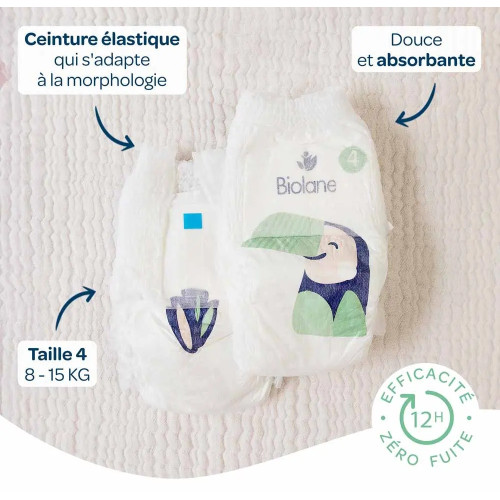 Culottes Biolane : Zéro Fuite 12h, Peaux Sensibles - Taille 4 (8-15kg)