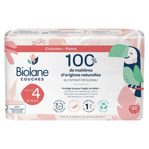 Culottes Biolane : Zéro Fuite 12h, Peaux Sensibles - Taille 4 (8-15kg)