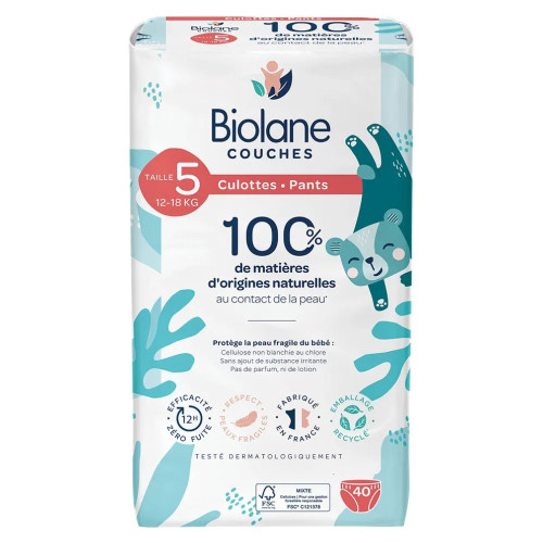 Culottes Biolane : Zéro Fuite 12h, Peaux Sensibles - Taille 4 (8-15kg)