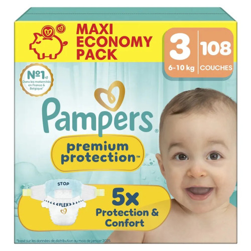 Pampers Maxi Pack T3 : 108 couches 6-10kg, protection ultra-absorbante