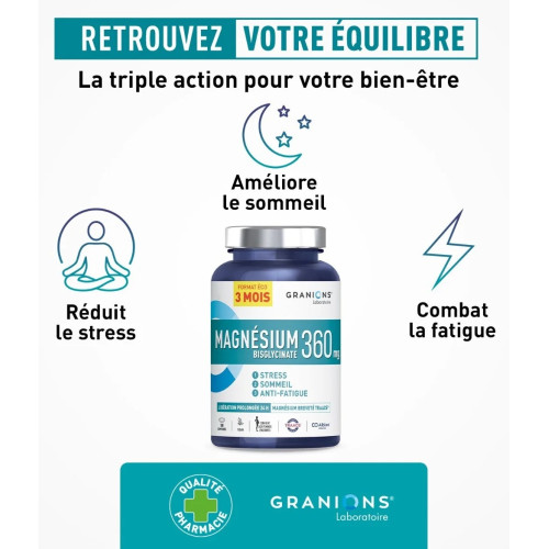 Granions Magnésium Bisglycinate 360mg - Stress Sommeil - 180 comprimés