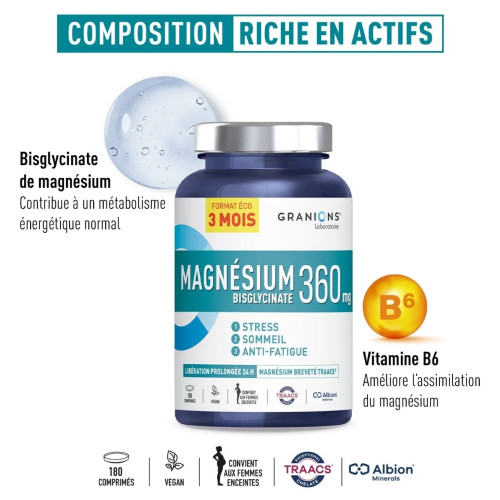 Granions Magnésium Bisglycinate 360mg - Stress Sommeil - 180 comprimés