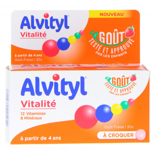 Alvityl - Comprimés à croquer Vitalité - 12 vitamines et 8 minéraux - Dès 4  ans - 30 comprimés