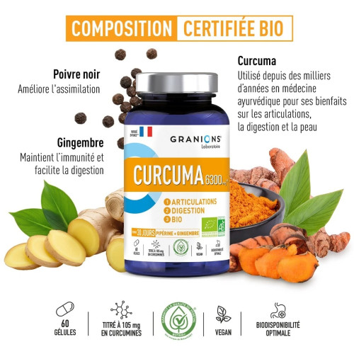 Granions Curcuma Bio 6300mg - Confort articulaire et digestif naturel