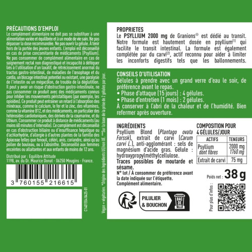 Psyllium Blond 1000mg Granions - Soulage transit & ballonnements
