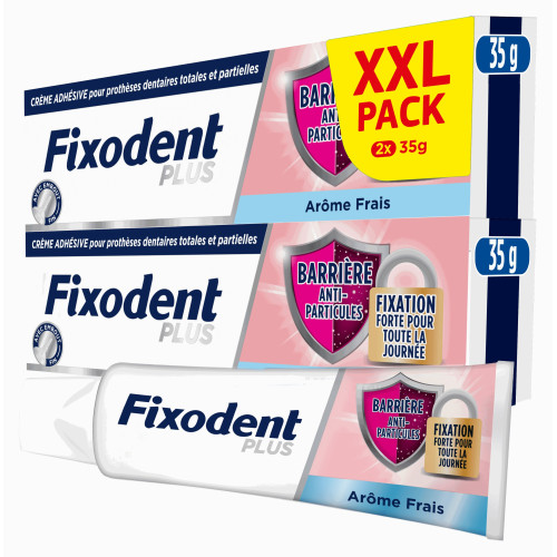 Fixodent Plus : Barrière anti-particules pour prothèses, 2x35g
