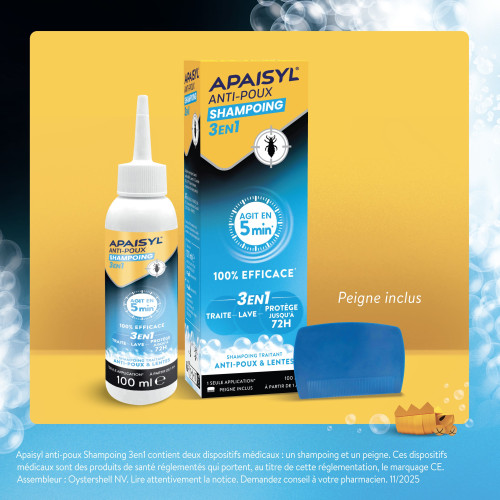 Apaisyl Anti-Poux Shampooing 3en1 100ml Élimine Poux en 5 Min