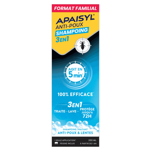 Apaisyl Anti-Poux Shampooing 3en1 200ml Élimine poux lentes 5 min