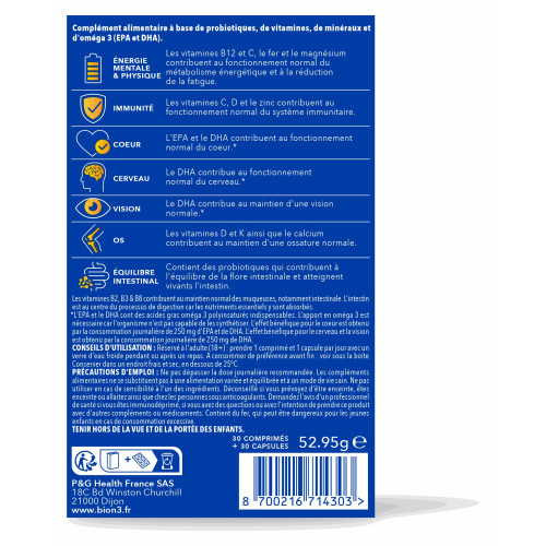 Bion 3 Multi Oméga 3 30+30 Énergie Immunité Cardio Bien-être Pharma360