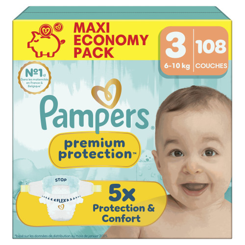 Pampers Maxi Pack T3 : 108 couches 6-10kg, protection ultra-absorbante