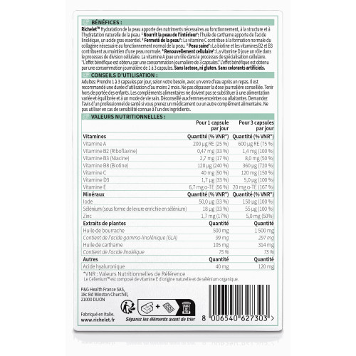 RICHELET Hydratation Peau 60 Capsules - Acide Hyaluronique, CELLENIUM