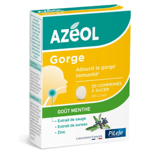 Pileje Azéol 30 Comprimés - Adoucit la Gorge, Goût Menthe