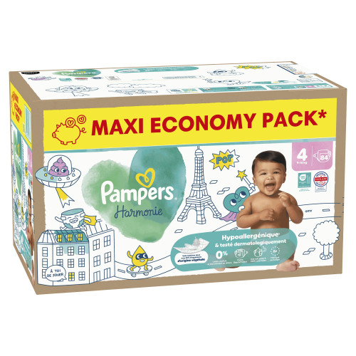 Couches bébé Pampers Harmonie T4 : Douceur végétale & indicateur bleu