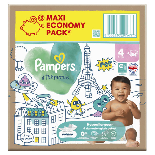 Couches bébé Pampers Harmonie T4 : Douceur végétale & indicateur bleu