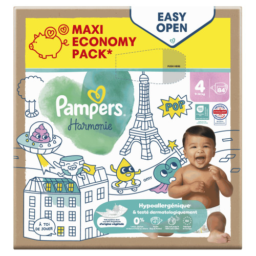Couches bébé Pampers Harmonie T4 : Douceur végétale & indicateur bleu