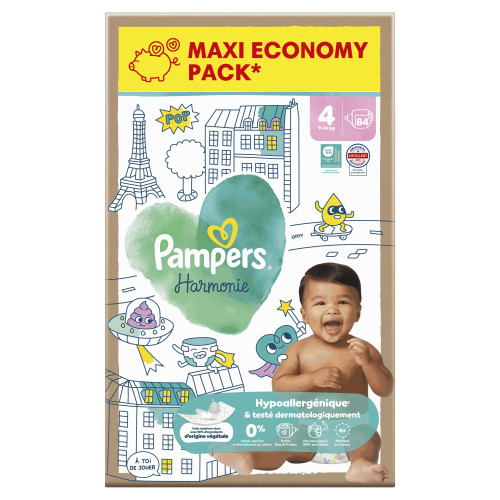 Couches bébé Pampers Harmonie T4 : Douceur végétale & indicateur bleu