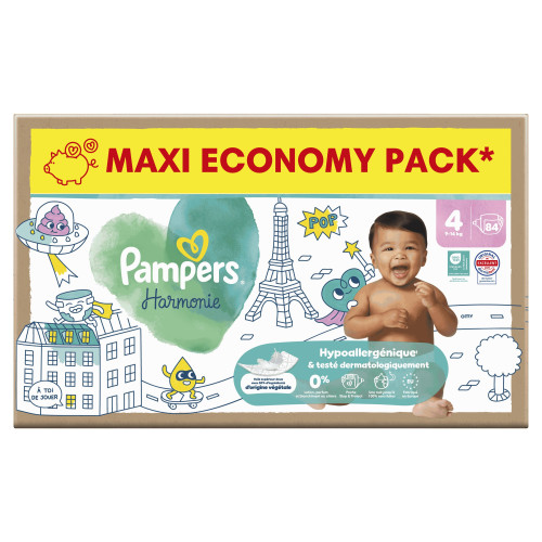 Couches bébé Pampers Harmonie T4 : Douceur végétale & indicateur bleu