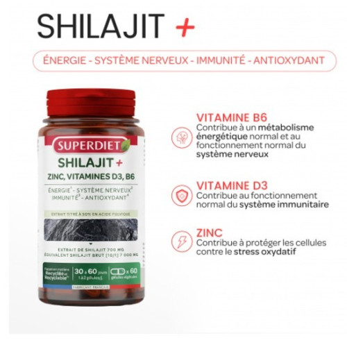 Shilajit + Zinc Vit D3 B6 : Énergie & Immunité - 60 gélules