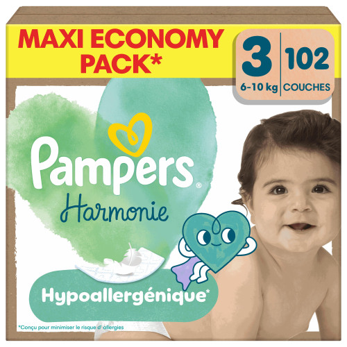 Couches bébé Pampers Harmonie : Taille 3, 102 couches, peau apaisée