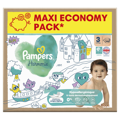 Couches bébé Pampers Harmonie : Taille 3, 102 couches, peau apaisée