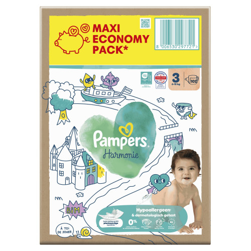 Couches bébé Pampers Harmonie : Taille 3, 102 couches, peau apaisée