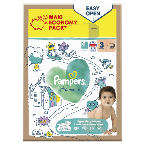 Couches bébé Pampers Harmonie : Taille 3, 102 couches, peau apaisée