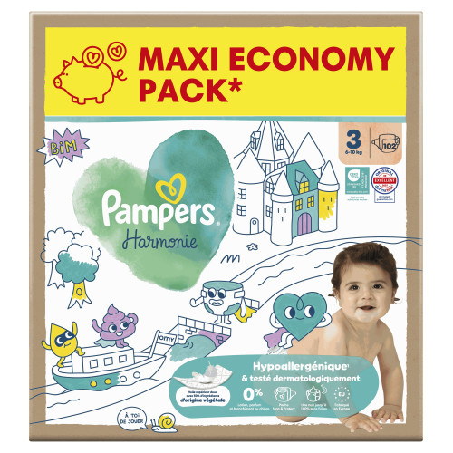 Couches bébé Pampers Harmonie : Taille 3, 102 couches, peau apaisée