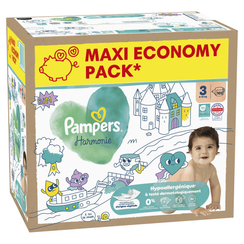 Couches bébé Pampers Harmonie : Taille 3, 102 couches, peau apaisée